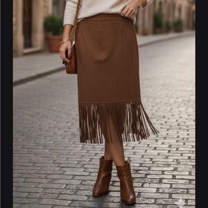 Chelsea & Theodore Tan Fringe Midi Skirt